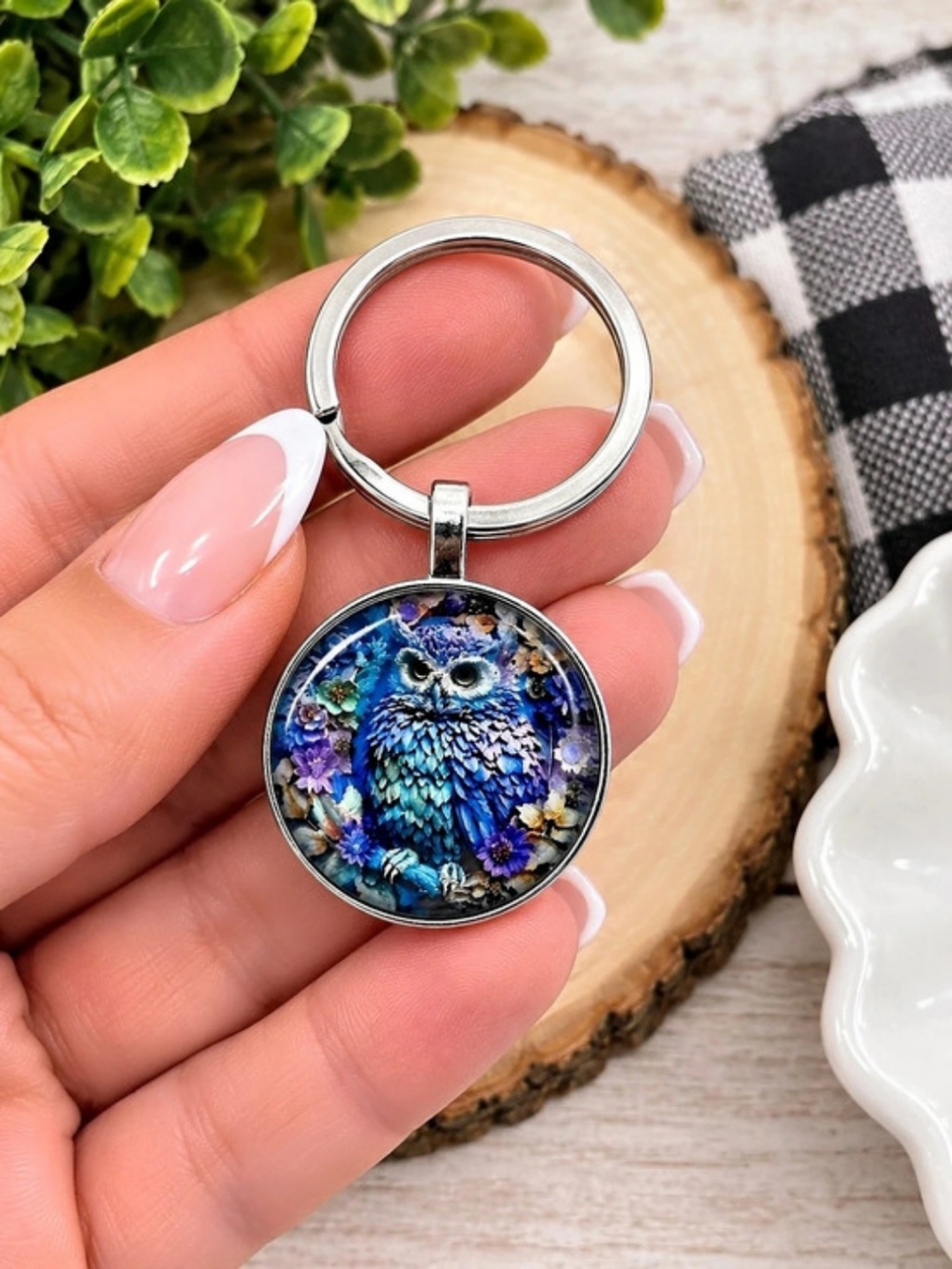 Owl Keychain in Blue & Silver